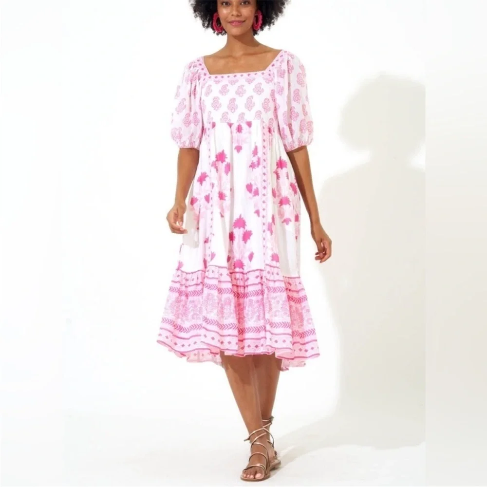 Tuckernuck Oliphant Puff Sleeve Midi Dress in Jaipur Pink & White NWT Size XS - Picture 5 of 14